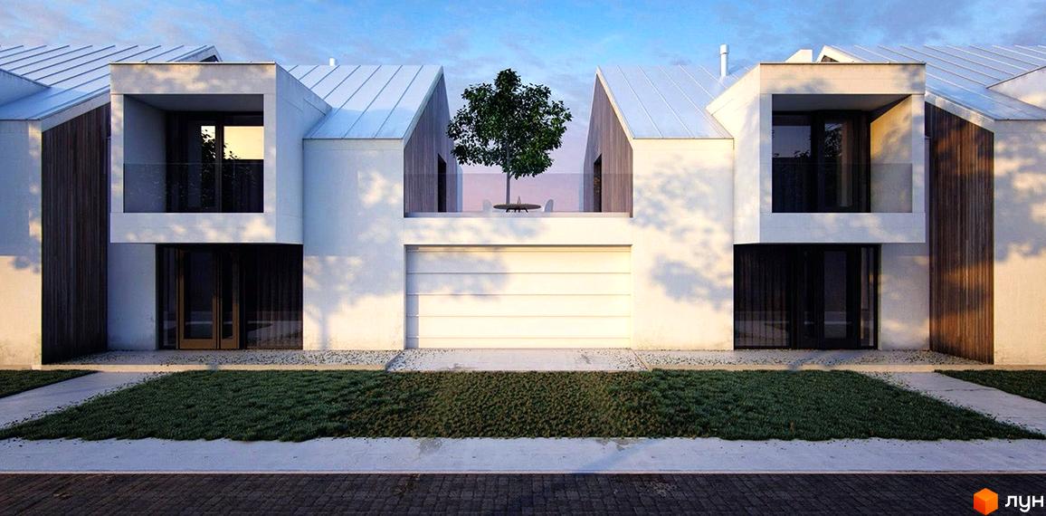 Фасад будинку в Котеджному містечку Hygge Town з білими стінами, панорамними вікнами та газоном перед будинком. На терасі росте дерево.