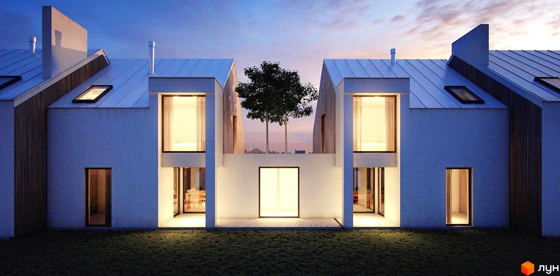 Будинки Котеджного містечка Hygge Town: білі фасади, металеві дахи, великі вікна. Між будинками дерево, перед ними зелений газон.