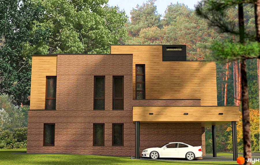 Котеджне містечко Пуща Residence: двоповерховий будинок з цегляним та дерев'яним фасадом, високими вікнами. Навколо зелений газон та дерева.