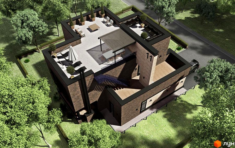 Котеджне містечко КМ Пуща Residence: двоповерховий будинок з цегляним фасадом, терасами та зеленим подвір'ям. На даху розташовані зони відпочинку з меблями та парасолькою.