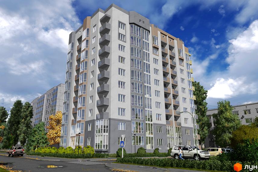 Висотна будівля Житлового комплексу з великими вікнами та балконами. На прибудинковій території розташовані дерева, зелені насадження та парковка для автомобілів.