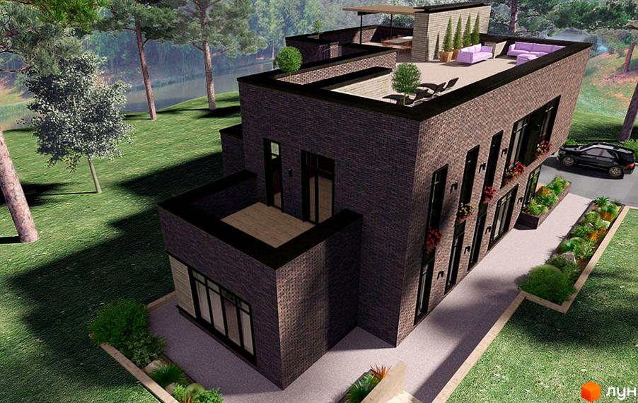 Котеджне містечко Пуща Residence. Сучасний будинок з цегляним фасадом, терасою на даху та озелененою прибудинковою територією.