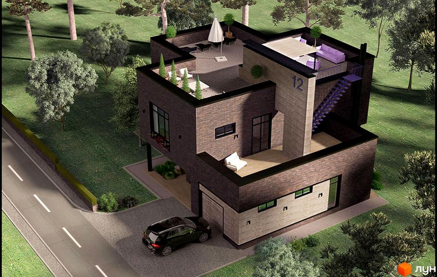 Котеджне містечко Пуща Residence: триповерховий будинок з цегляним фасадом, терасами та зовнішніми сходами. Прибудинкова територія з дорогою та автомобілем.