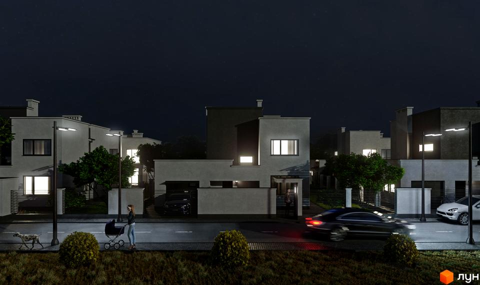 Будинки з білими фасадами та великими вікнами ввечері. На вулиці стоять ліхтарі, припарковані автомобілі та гуляють люди.