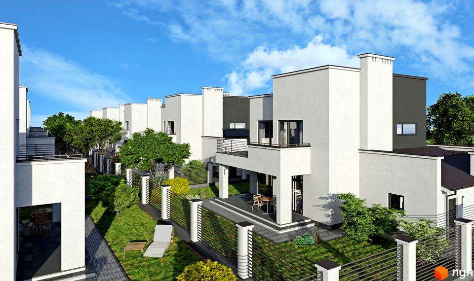 Ряд білих та темно-сірих котеджів Котеджного містечка PRIDE Residents з балконами та зеленими газонами. На прибудинковій території видно дерева та огорожі.