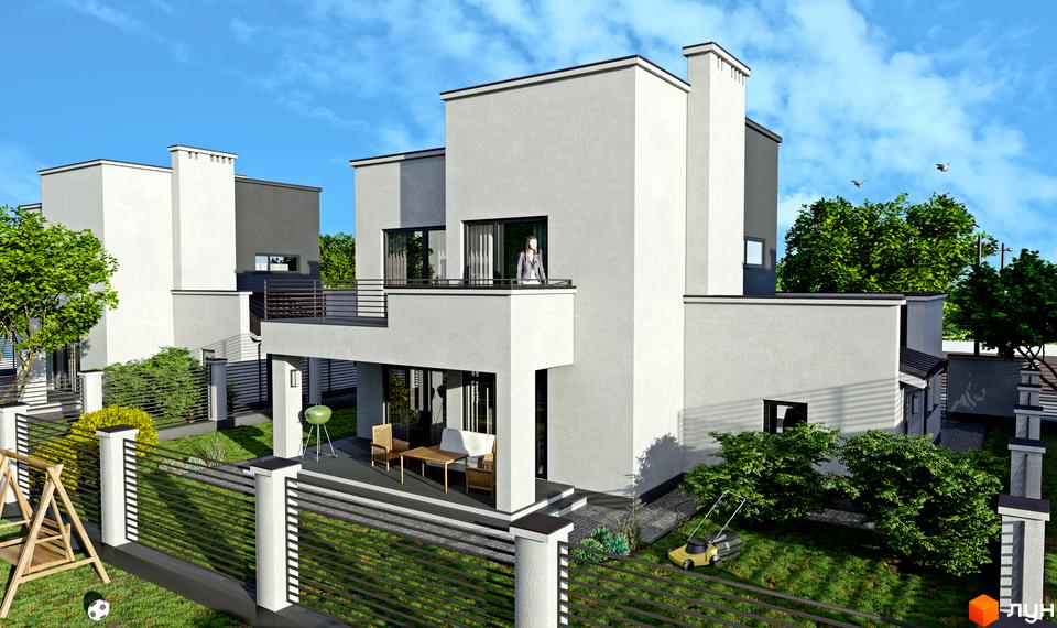 Білосніжний будинок з великими вікнами та балконом. На прибудинковій території газон, зелені насадження, дитячий майданчик та зона відпочинку з меблями.