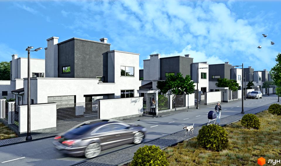 Будинки КМ PRIDE Residents з білими фасадами та темними дахами, огороджені парканом. На вулиці припарковані машини, люди гуляють з собакою та дитячим візком.