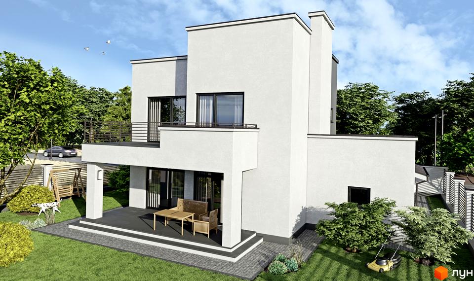 Білий двоповерховий будинок з балконом та терасою. На подвір'ї газон, дерева, лаунж зона з меблями та газонокосарка.