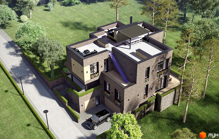 Котеджне містечко КМ Пуща Residence. Зовнішній вигляд будинку з цегляним фасадом, терасою та зеленою прибудинковою територією. Автомобіль біля будинку.