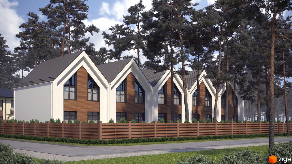 Таунхауси Positano-2: ряд двоповерхових будинків з білими фасадами, коричневими вставками та темними дахами. Перед ними дерев'яний паркан та високі сосни.