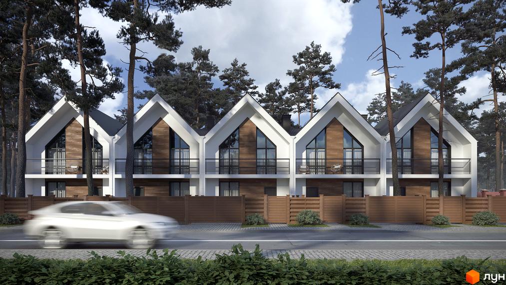 Таунхауси Positano-2 з білими фасадами та дерев'яним оздобленням, розташовані серед дерев. Перед будинками паркан та зелені насадження.