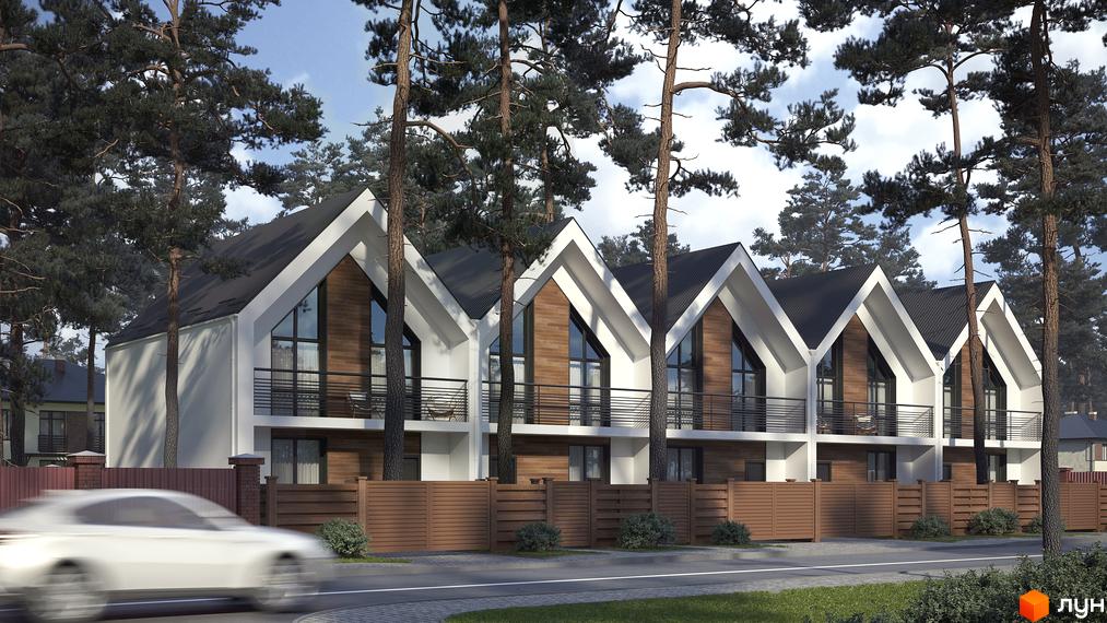 Таунхауси „Positano-2“: ряд будинків з білими фасадами, дерев'яними вставками, великими вікнами та балконами. Прибудинкова територія з огорожею та соснами.