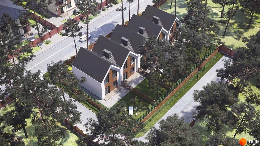 Таунхауси „Positano-2“: чотири будинки з темними скатними дахами та світлими стінами з дерев'яними вставками, розташовані вздовж дороги серед дерев.