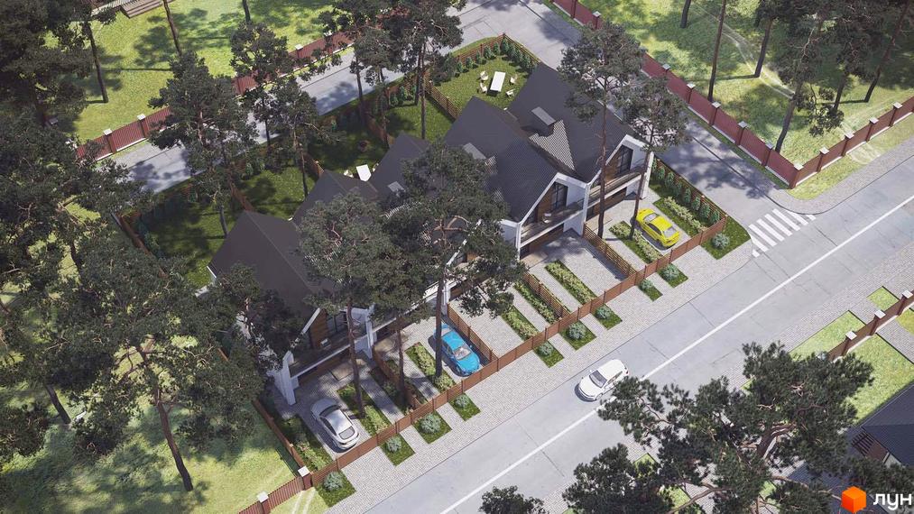 Ряд таунхаусів „Positano-2“ з темними дахами та світлими фасадами, оточених соснами та зеленими газонами, з власними доріжками для авто.