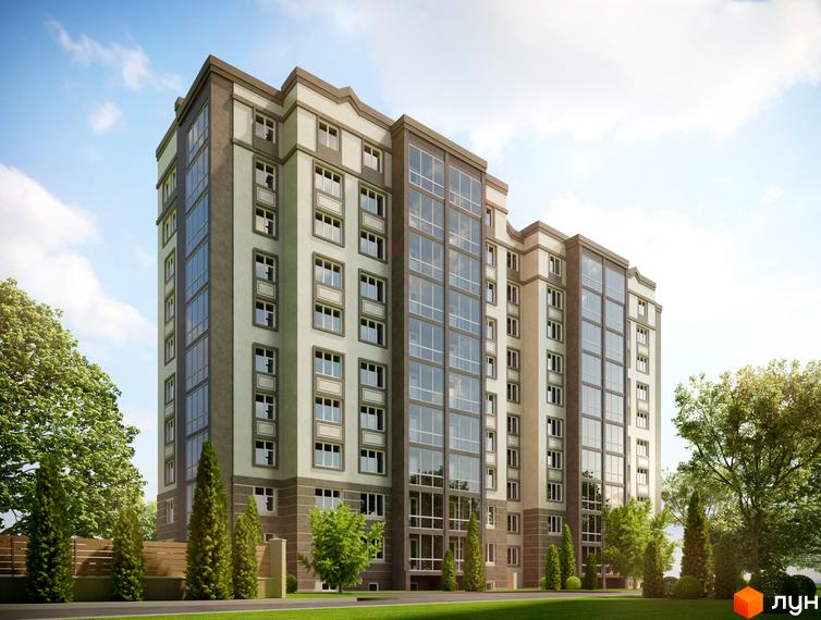 Висотна будівля житлового комплексу Європейський з великими вікнами та світлим фасадом. На території комплексу є зелені насадження та доглянутий газон.