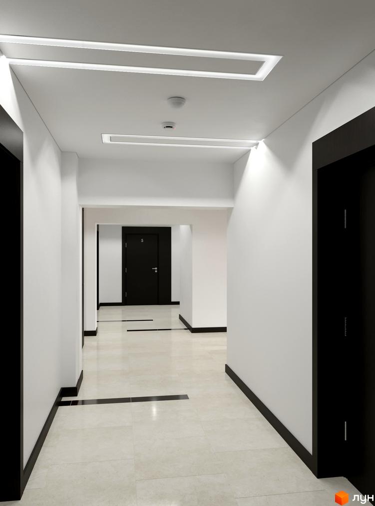 Інтер'єр коридору в Новобудові Ярославенка з чорними дверима та світлою підлогою. Освітлення вбудоване в стелю.