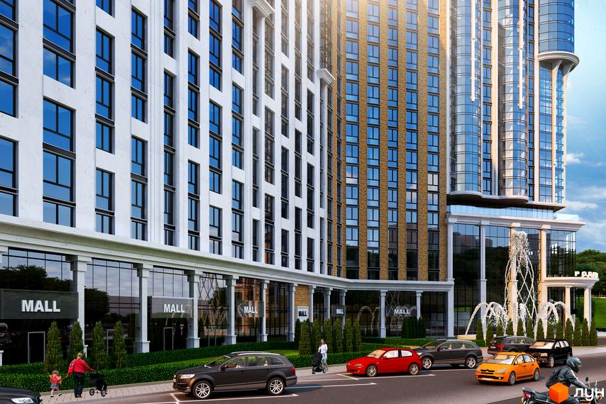 Зовнішній вигляд новобудови ЖК Podil Plaza & Residence з фасадами з білої штукатурки та цегли, скляними вікнами та комерційними приміщеннями на першому поверсі. На прибудинковій території розташовані фонтан, зелені насадження та автомобілі.