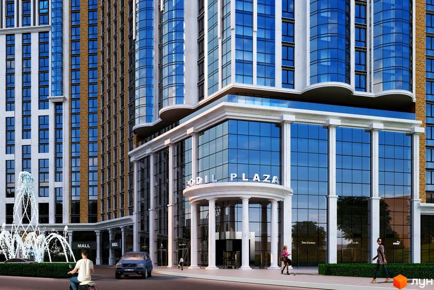 Зовнішній вигляд житлового комплексу Podil Plaza & Residence з колонами та скляним фасадом. Перед будівлею розташований фонтан та вхід до торгового центру.