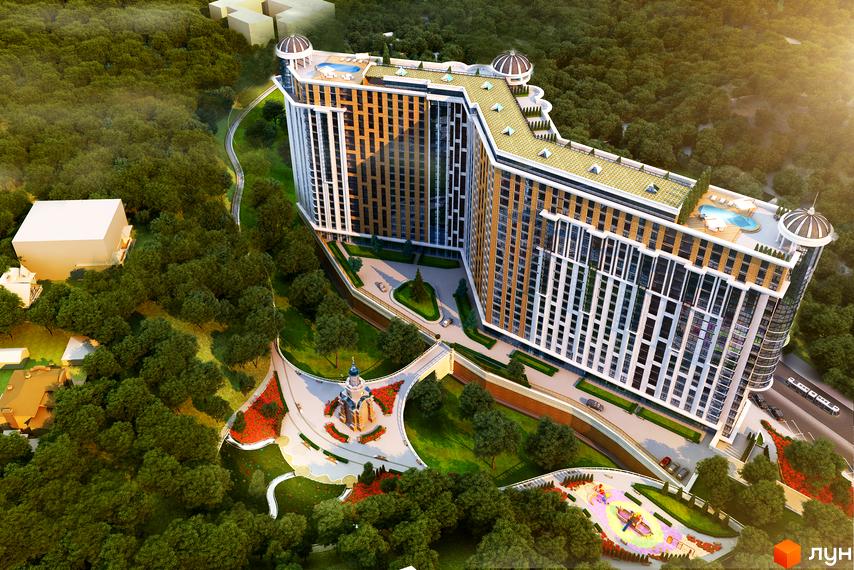 Житловий комплекс Podil Plaza & Residence - це багатоповерхова будівля з оригінальною архітектурою та купольними елементами. Навколо комплексу розташована доглянута прибудинкова територія з парковою зоною та місцями для відпочинку.