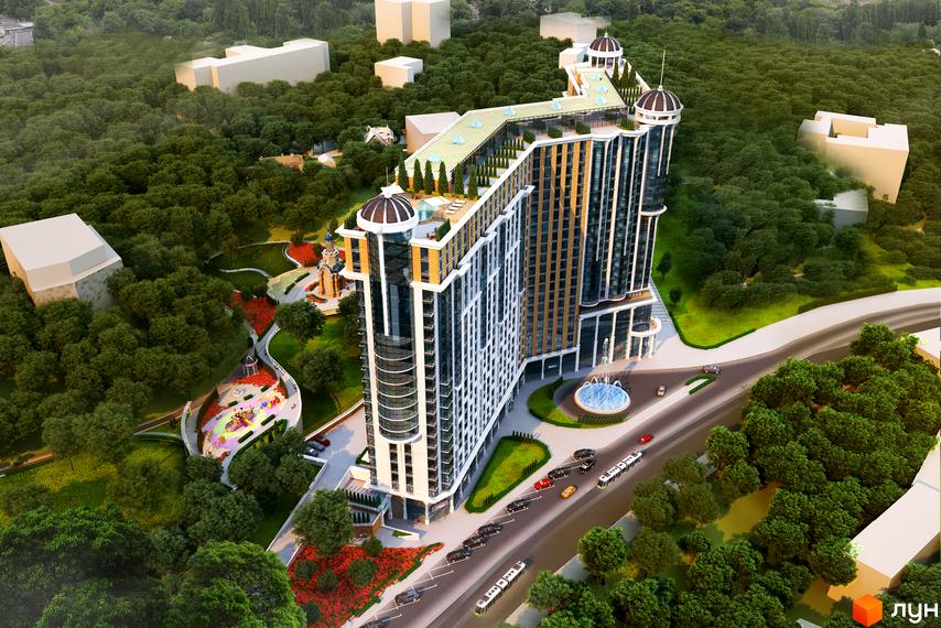 Житловий комплекс Podil Plaza & Residence з унікальною архітектурою та куполоподібними елементами, оточений зеленим парком з дитячим майданчиком та зоною відпочинку.