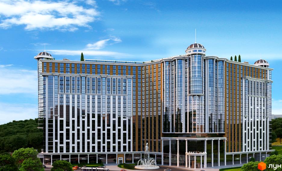 Житловий комплекс Podil Plaza & Residence - це багатоповерхова будівля з скляними фасадами та цегляними вставками, що має куполоподібні елементи на даху. Перед будівлею розташований фонтан та зелені насадження.