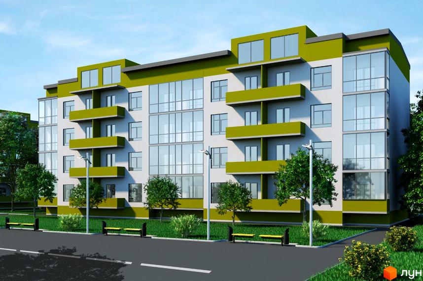 Зображення фасаду Житлового комплексу Зелений квартал. Багатоповерховий будинок з великими вікнами та зеленими балконами, прибудинкова територія з лавками.