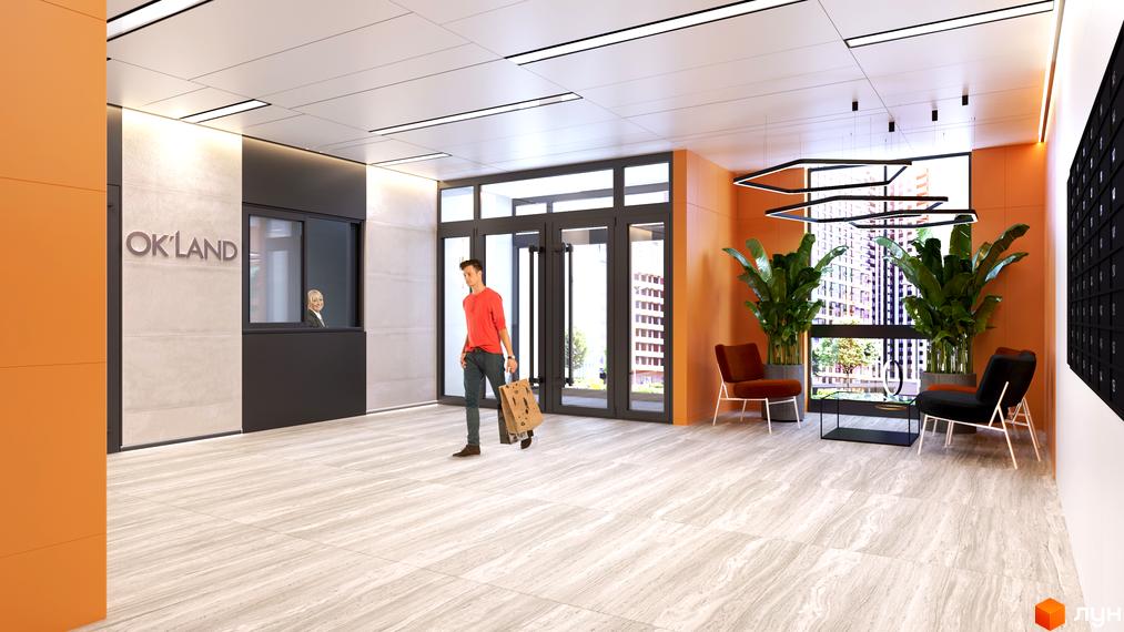 Просторий хол Житлового комплексу OK'LAND з рецепцією, місцями для відпочинку та великими вікнами, що відкривають вид на забудову.