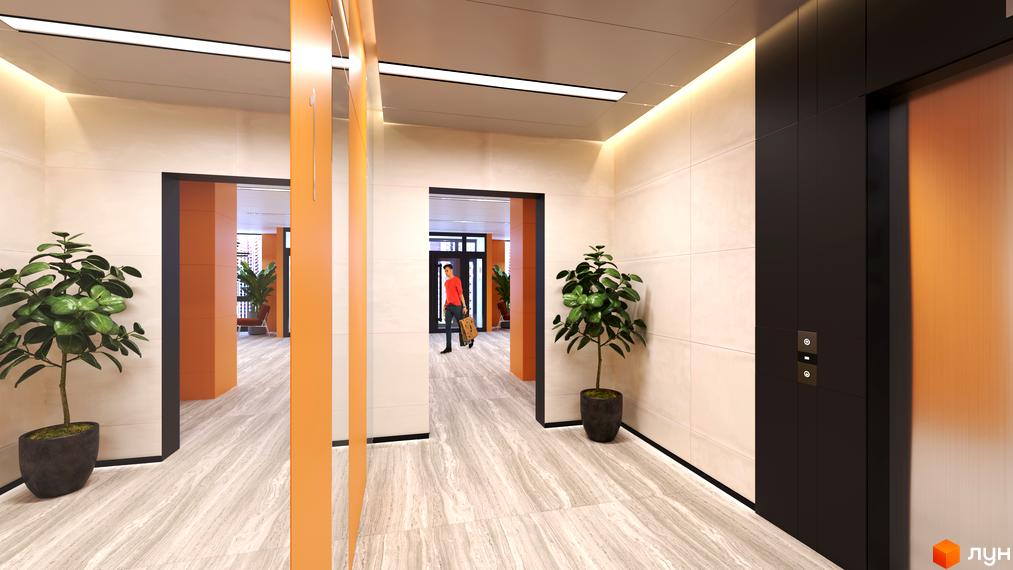 Інтер'єр вестибюлю Житлового комплексу OK'LAND: світлі стіни, підлога під камінь, помаранчеві декоративні елементи та ліфтові двері.