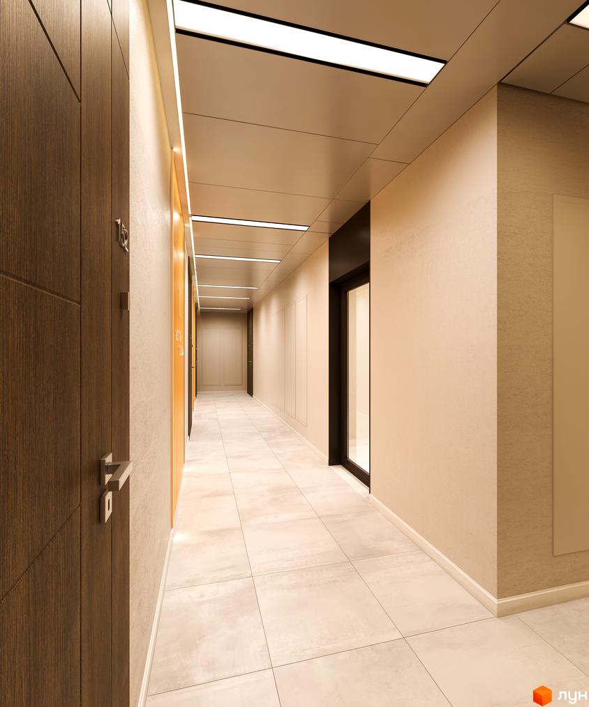 Хол Житлового комплексу OK'LAND зі світлими стінами та плитковою підлогою. Довгий коридор з лінійним освітленням та дверима.