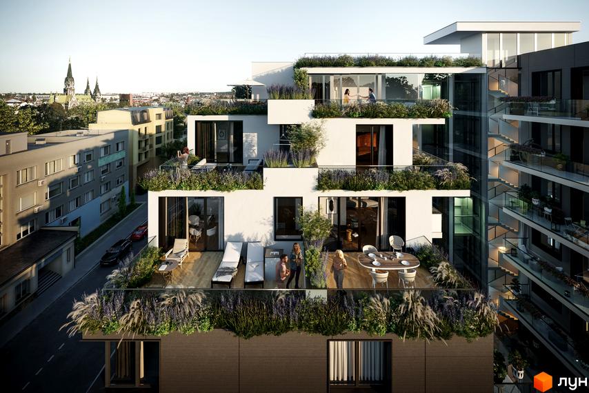 Зображення сторінки житлового комплексу LEV LIFESTYLE HOTEL. Багаторівнева будівля з терасами, озелененням та панорамними вікнами, розташована серед міської забудови.