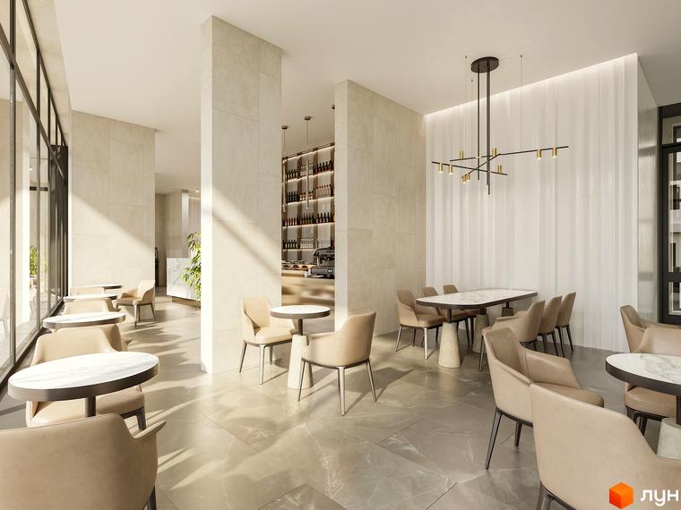 Інтер'єр ресторану в LEV LIFESTYLE HOTEL. Світлий простір з круглими столиками та м'якими кріслами, великі вікна, елегантне освітлення.