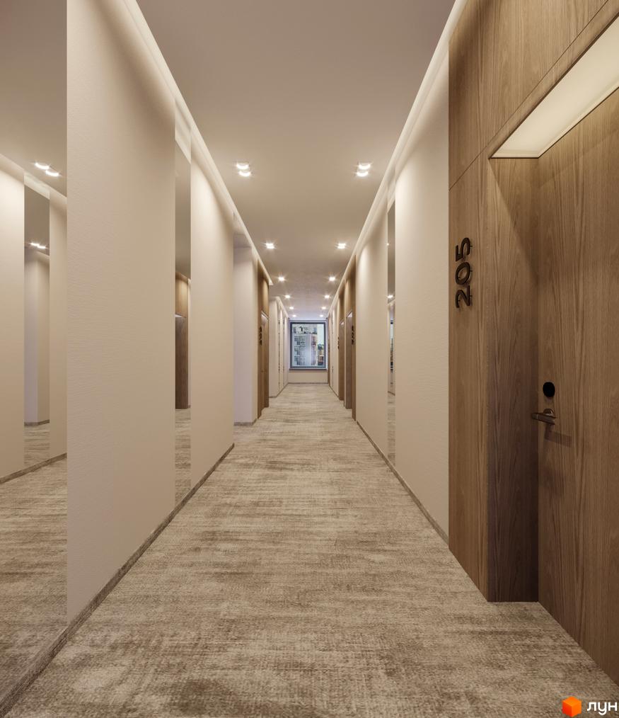 Коридор в LEV LIFESTYLE HOTEL з дверима номерів, оздобленими деревом, та світлою підлогою з килимовим покриттям.