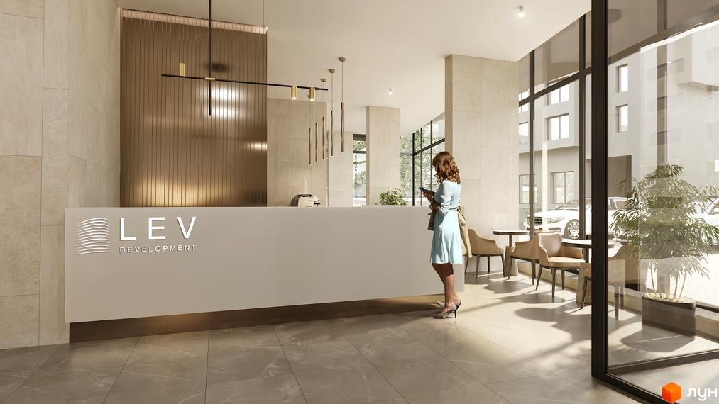 Інтер'єр холу житлового комплексу LEV DEVELOPMENT з білою стійкою ресепшн, скляними дверима та жінкою, що стоїть біля них.