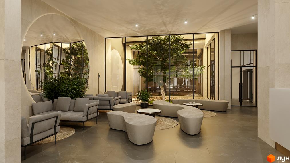 LEV LIFESTYLE HOTEL: просторий вестибюль з панорамними вікнами та внутрішнім озелененим двором. Облаштовані зони відпочинку з м'якими меблями.