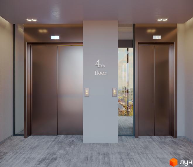 Ліфт у житловому комплексі LEV LIFESTYLE HOTEL. Двері ліфта зроблені з металу, на стіні надписи 4th floor.