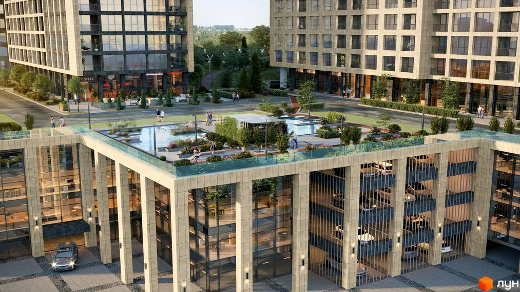 Зображення житлового комплексу Greenville на Печерську з сучасними будівлями та зоною відпочинку на даху. На території комплексу є басейн та зелені насадження.