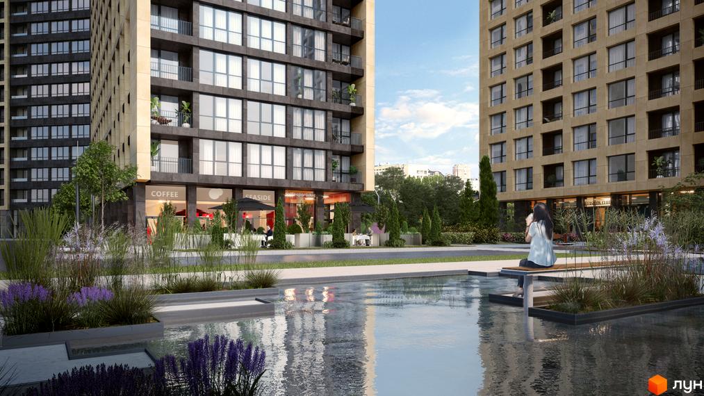 Житловий комплекс Greenville на Печерську: будівлі з великими вікнами та терасами, навколо яких розташовані зелені зони з водоймою та місцями для відпочинку.