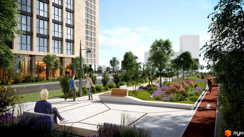 Висотна будівля житлового комплексу Greenville на Печерську з великими вікнами. На прибудинковій території облаштовані зони відпочинку, алеї для прогулянок та бігові доріжки.