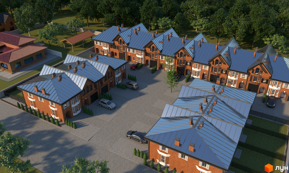 Вигляд житлових будинків з цегли з синіми дахами. На території комплексу розташовані паркувальні місця та зелені насадження.