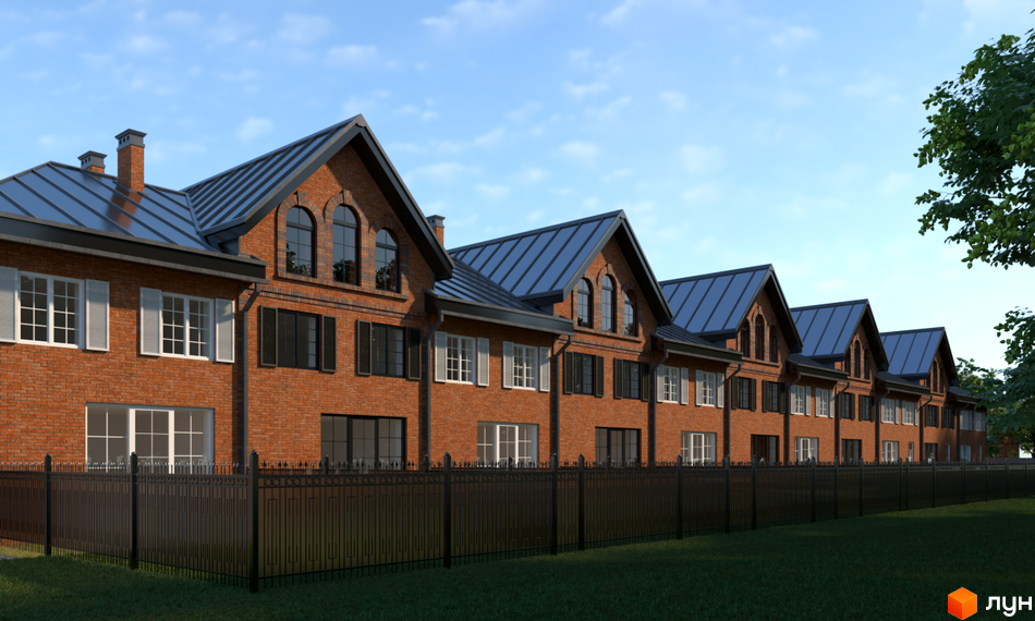 Цегляні таунхауси з темними дахами та вікнами. Перед будинками розташований чорний кований паркан та зелена галявина.