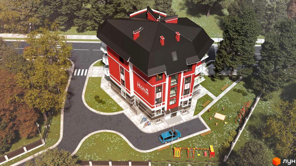 Житловий комплекс Modern Home Premium з червоними фасадами та чорним дахом має багатокутну форму. Навколо будинку зелена територія, дитячий майданчик, доріжки та парковка.