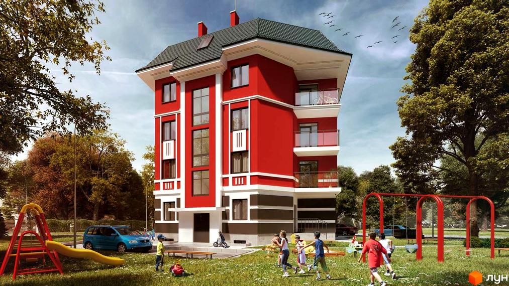 Яскравий будинок ЖК Modern Home Premium з червоним фасадом та білими елементами. На прибудинковій території дитячий майданчик та зелені насадження.