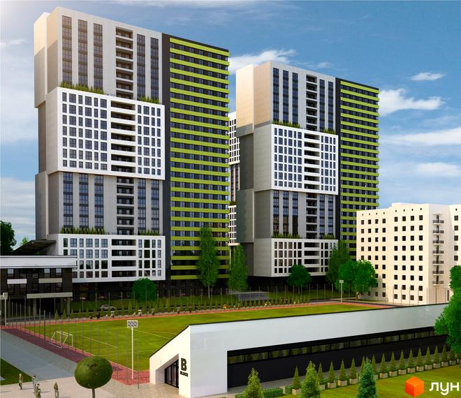 Зображення Житлового комплексу Olympic Park. Вигляд багатоповерхових будинків з великими вікнами та зеленою прибудинковою територією.