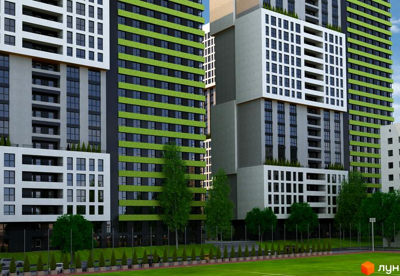 Житловий комплекс Olympic Park: багатоповерхові будинки з фасадами світло-зеленого, білого та сірого кольорів. Навколо будівель зелений газон та дерева.