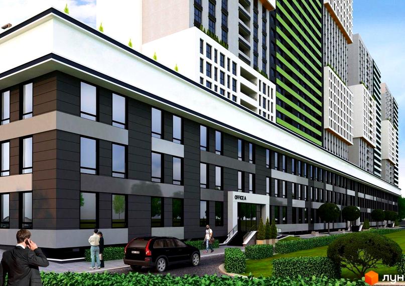 Комплекс Olympic Park: багатоповерхова будівля з темно-сірим низом та висотними секціями, одна з яких зелено-чорна. Територія з газонами.