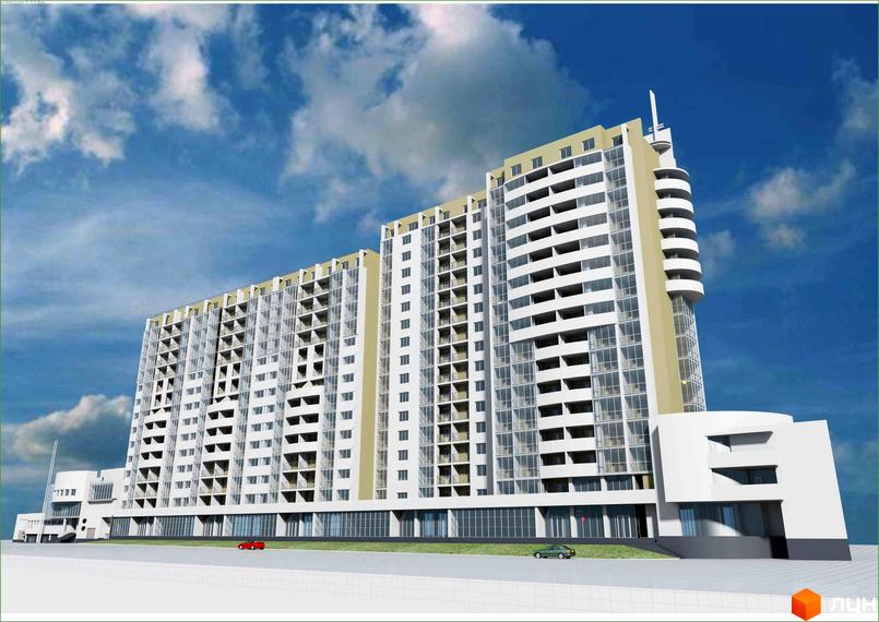 Житловий комплекс Тирас з сучасним фасадом та балконами, прибудинкова територія з зеленими насадженнями та паркувальними місцями.