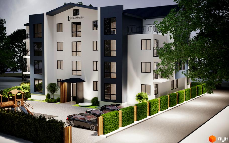 Житловий комплекс Панський острів з білим фасадом та темними акцентами. На території є паркінг, дитячий майданчик та зелені насадження.