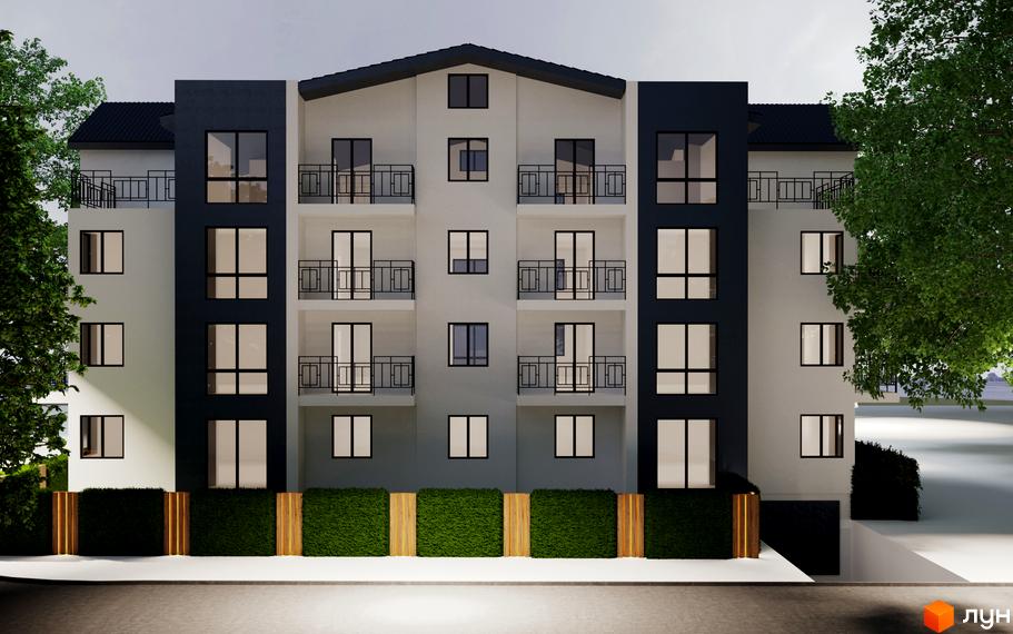 Житловий комплекс Панський острів з білим фасадом, темними вертикальними вставками та балконами. Перед будинком зелена огорожа.