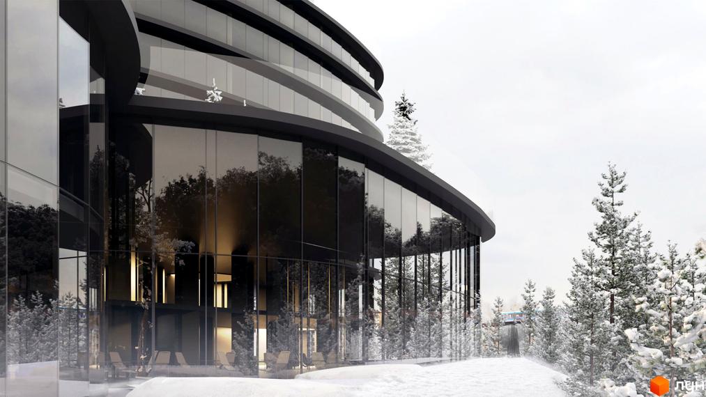 Зображення фасаду апарт-комплексу „Яремче“ з панорамними вікнами та зимовим пейзажем навколо. Видно засніжені дерева та сніг.