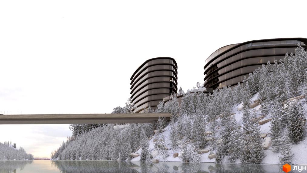 Апарт-комплекс „Яремче“. Високоповерхові будівлі з панорамними вікнами розташовані на засніженому схилі. Перед будівлями видно міст та засніжені дерева.